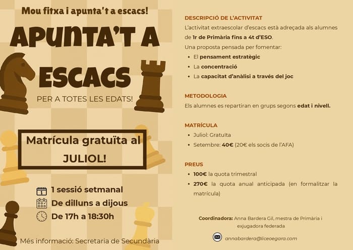 Cartell dels extraescolars de Liceo Egara en escacs on explica preus i horaris.