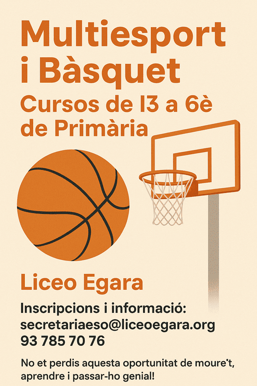 Cartell d'extraescolar de bàsquet en l'escola de primària Liceo Egara a Terrassa.