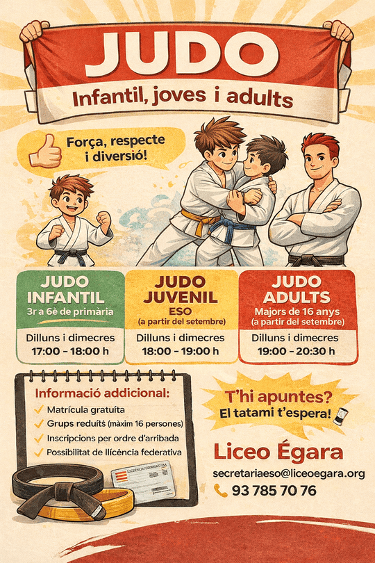 Cartell de Judo a l'escola Liceo Egara a Terrassa, amb la informació per apuntar-se a l'activitat extraescolar.