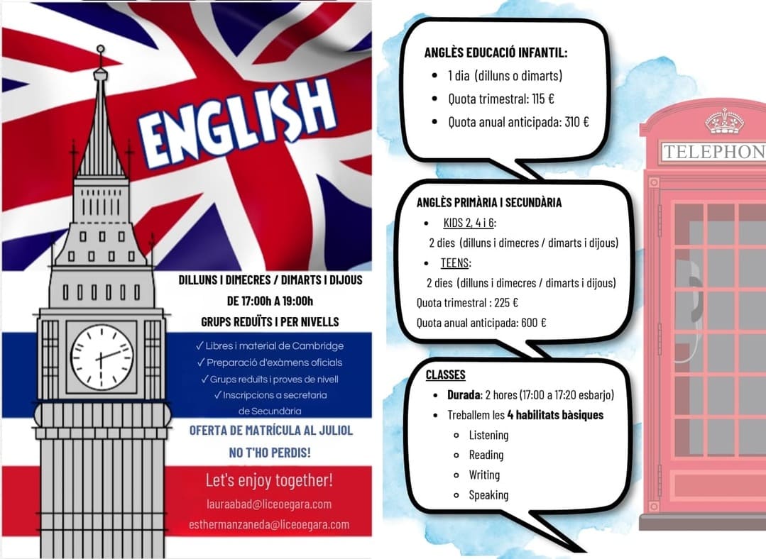 Pamflet informatiu de les classes de reforç d'anglès