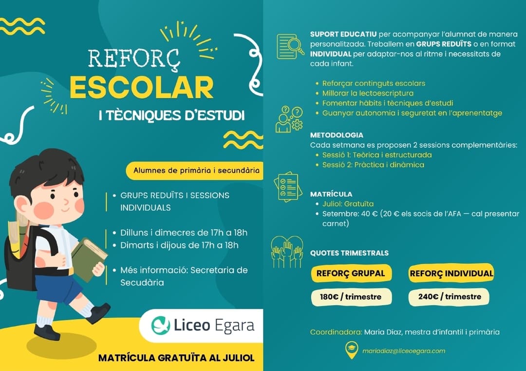 Informació de reforç escolar a Terrassa en l'escola Liceo Egara.
